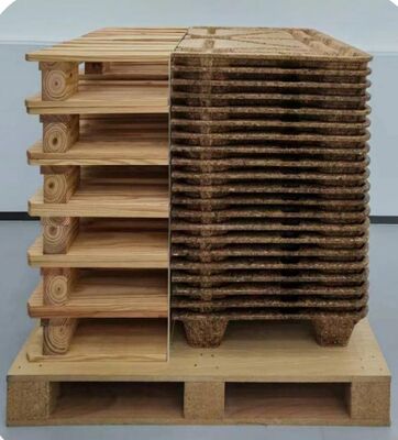 Durable compressed wood pallets with expansion rate below 5 percent suitable for long distance transportation and internal